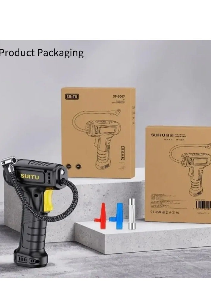 ضاغط هواء محمول قابل لإعادة الشحن لنفخ إطارات السيارات، مضخة كهربائية، شاشة LED وامضة مع مجموعة فوهات للسيارات والدراجات النارية والهوائية والكرات - Image 3