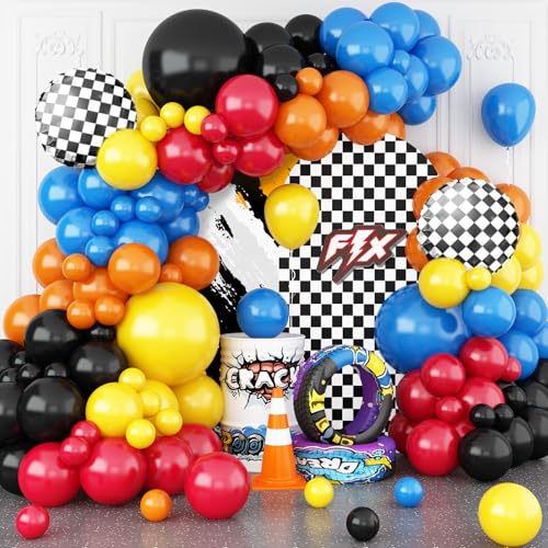 Sowide Racing Theme Balloons Arch Garland Kit Blue Red Black Checkered Pattern Flag Foil Balloon Racing Themed Decorations for Boys Birthday Party Baby Shower - Image 1