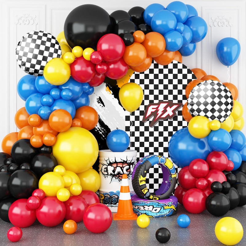 Sowide Racing Theme Balloons Arch Garland Kit Blue Red Black Checkered Pattern Flag Foil Balloon Racing Themed Decorations for Boys Birthday Party Baby Shower - Image 2