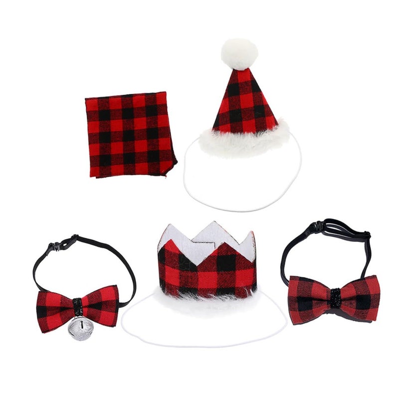 5pcs Christmas Pet Accessories Set Plaid Triangle Bandana Crown Hat Bell Bow Tie Saliva Towel For Dogs Cats - Image 2