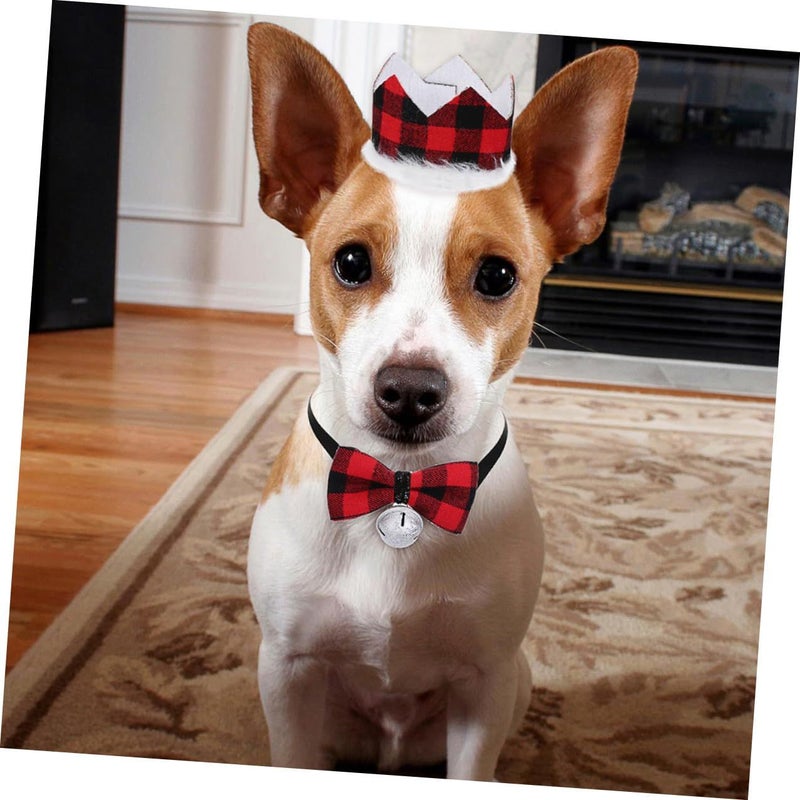 5pcs Christmas Pet Accessories Set Plaid Triangle Bandana Crown Hat Bell Bow Tie Saliva Towel For Dogs Cats - Image 5