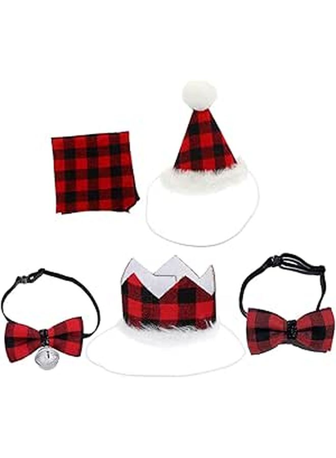 5pcs Christmas Pet Accessories Set Plaid Triangle Bandana Crown Hat Bell Bow Tie Saliva Towel For Dogs Cats - Image 1