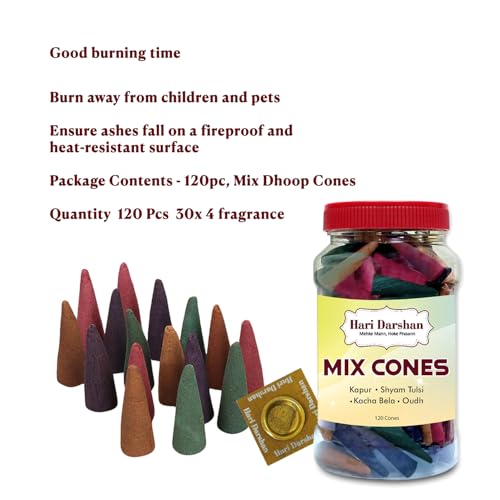 Hari Darshan Mix Dhoop Cones for Pooja with Traditional Chemical-Free – Kapur Shyam Tulsi Kacha Bela Oudh – Long Lasting Natural Aroma Dhoop Cone Set – Pack of 2 Jars, 120 Cones Each (Total 240 Cones) - Image 4