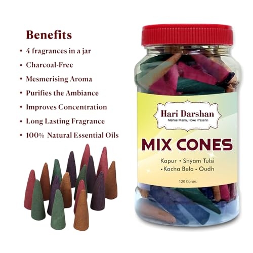 Hari Darshan Mix Dhoop Cones for Pooja with Traditional Chemical-Free – Kapur Shyam Tulsi Kacha Bela Oudh – Long Lasting Natural Aroma Dhoop Cone Set – Pack of 2 Jars, 120 Cones Each (Total 240 Cones) - Image 5