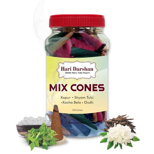 Hari Darshan Mix Dhoop Cones for Pooja with Traditional Chemical-Free – Kapur Shyam Tulsi Kacha Bela Oudh – Long Lasting Natural Aroma Dhoop Cone Set – Pack of 2 Jars, 120 Cones Each (Total 240 Cones) - Image 2
