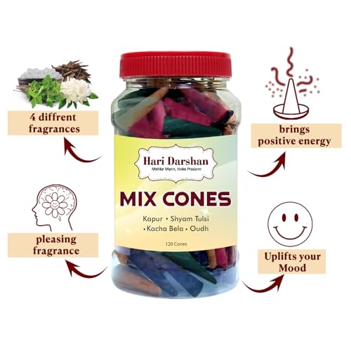 Hari Darshan Mix Dhoop Cones for Pooja with Traditional Chemical-Free – Kapur Shyam Tulsi Kacha Bela Oudh – Long Lasting Natural Aroma Dhoop Cone Set – Pack of 2 Jars, 120 Cones Each (Total 240 Cones) - Image 3