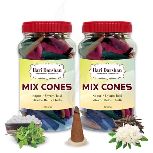 Hari Darshan Mix Dhoop Cones for Pooja with Traditional Chemical-Free – Kapur Shyam Tulsi Kacha Bela Oudh – Long Lasting Natural Aroma Dhoop Cone Set – Pack of 2 Jars, 120 Cones Each (Total 240 Cones) - Image 1