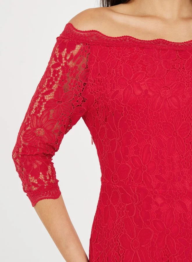 Styli Off Shoulder Lace Insert A-Line Midi Dress