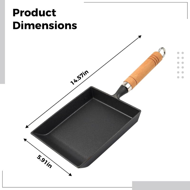 Cast Iron Tamagoyaki Pan, Nonstick Japanese Rectangle Egg Skillet, Mini Omelet for Single Servings, No Coating, Gas & Induction Cooker, Wooden Handle - Image 4