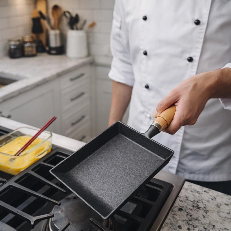 Cast Iron Tamagoyaki Pan, Nonstick Japanese Rectangle Egg Skillet, Mini Omelet for Single Servings, No Coating, Gas & Induction Cooker, Wooden Handle - Image 2
