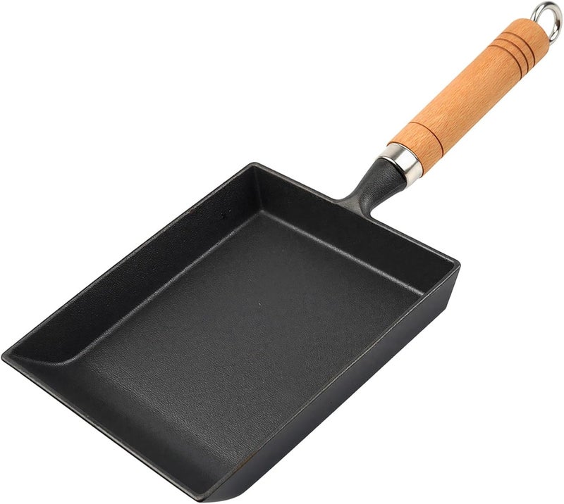 Cast Iron Tamagoyaki Pan, Nonstick Japanese Rectangle Egg Skillet, Mini Omelet for Single Servings, No Coating, Gas & Induction Cooker, Wooden Handle - Image 1