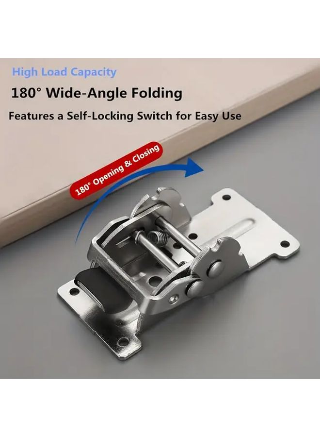 Silvery Self Locking Folding Hinge 1pc with 8 Screws 0 90 180 Degree Three Position Mechanism One Click Positioning Unlocking Heavy Duty Stable Easy Installation for Folding Tables Chairs Beds Cabinets Shelves RV Hardware - Image 3
