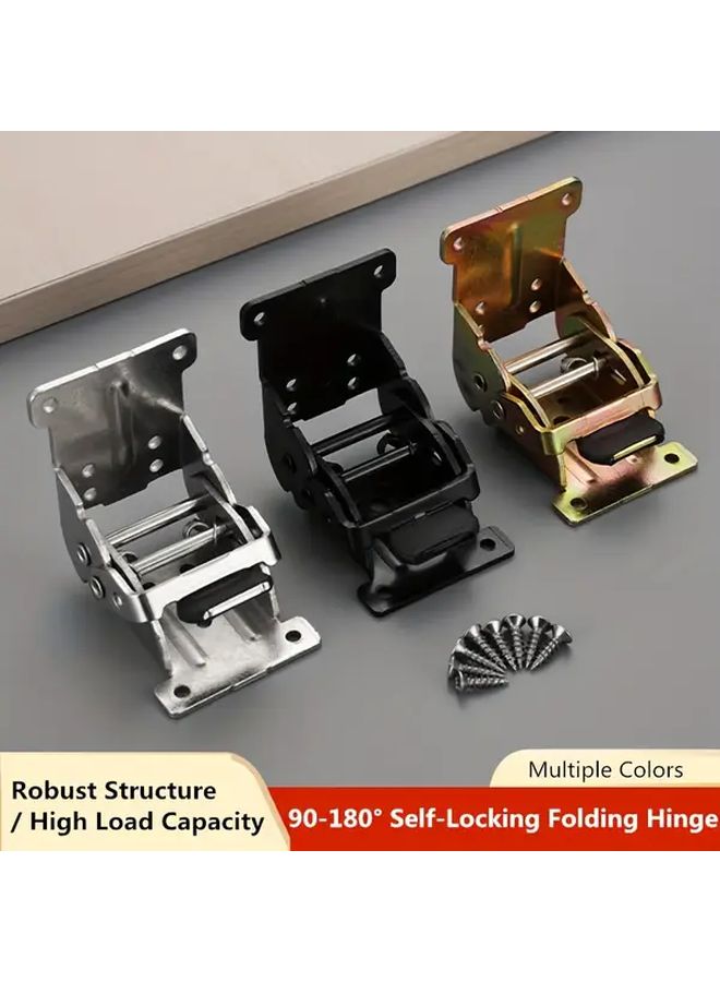Silvery Self Locking Folding Hinge 1pc with 8 Screws 0 90 180 Degree Three Position Mechanism One Click Positioning Unlocking Heavy Duty Stable Easy Installation for Folding Tables Chairs Beds Cabinets Shelves RV Hardware - Image 1