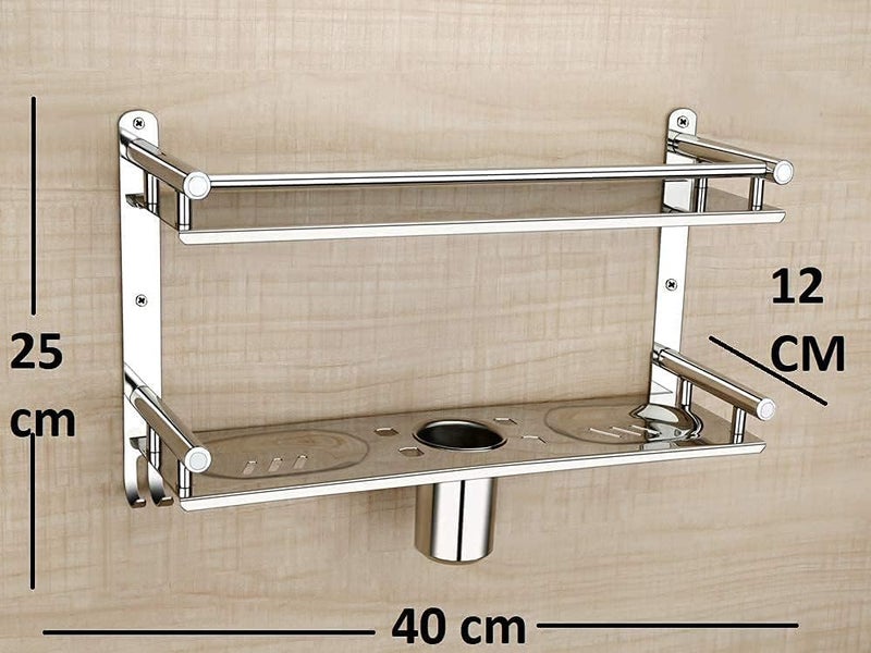 Bathoyum Stainless Steel Multiuse Rack Bathroom Shelf Soap StandTumbler HolderToothbrush HolderBathroom Stand Number of Shelves 2 Silver - Image 2