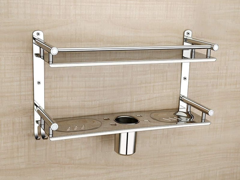 Bathoyum Stainless Steel Multiuse Rack Bathroom Shelf Soap StandTumbler HolderToothbrush HolderBathroom Stand Number of Shelves 2 Silver - Image 4