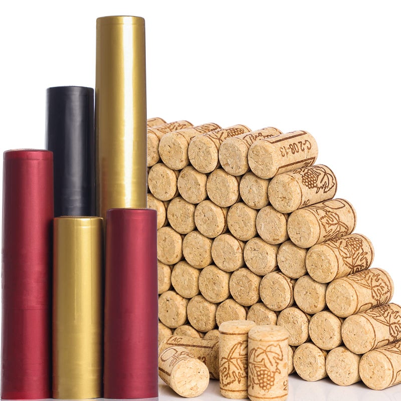Guudoo Guudoo 200 PCS Wine Bottle Corks and Seals 100 Count Natural Wine Corks and 3 Colors Red Black Gold 100 Count PVC Heat Shrink Capsules for Wine Bottles Size 8 Straight Cork Stopper 