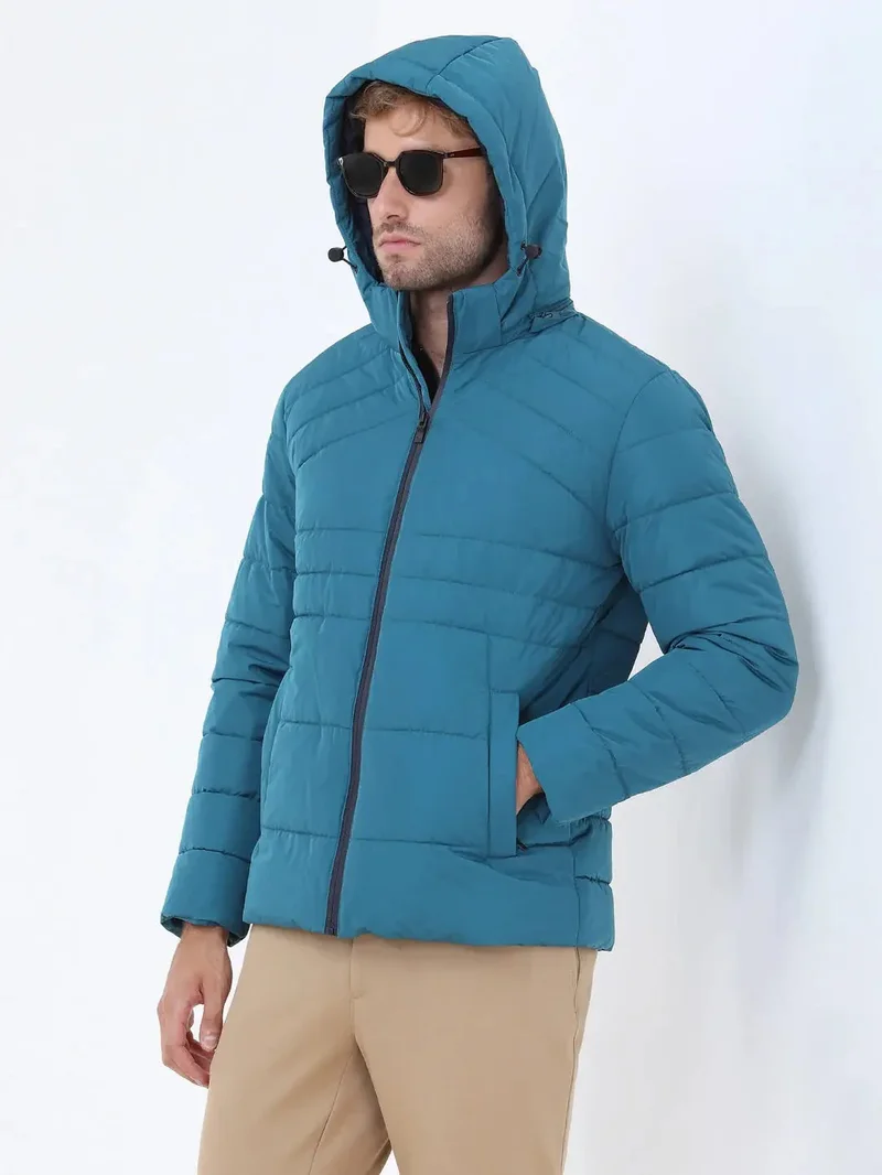 Kip Petrol Blue Regular Fit Hooded Casual Weaving Coat