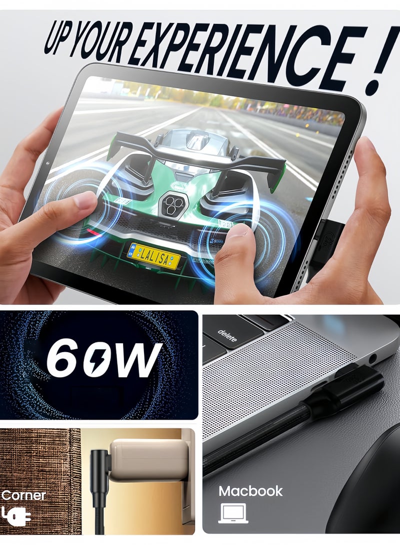 اعاره 2 قطعة كابل شاحن سريع نوع سي 60 واط، كابل Type C بزاوية 90 درجة (1م + 2م) مضفر من النايلون - كابل شحن سريع متوافق مع آيفون 16/15 برو، سامسونج S24/S23 الترا، آيباد، ماك بوك - Image 5