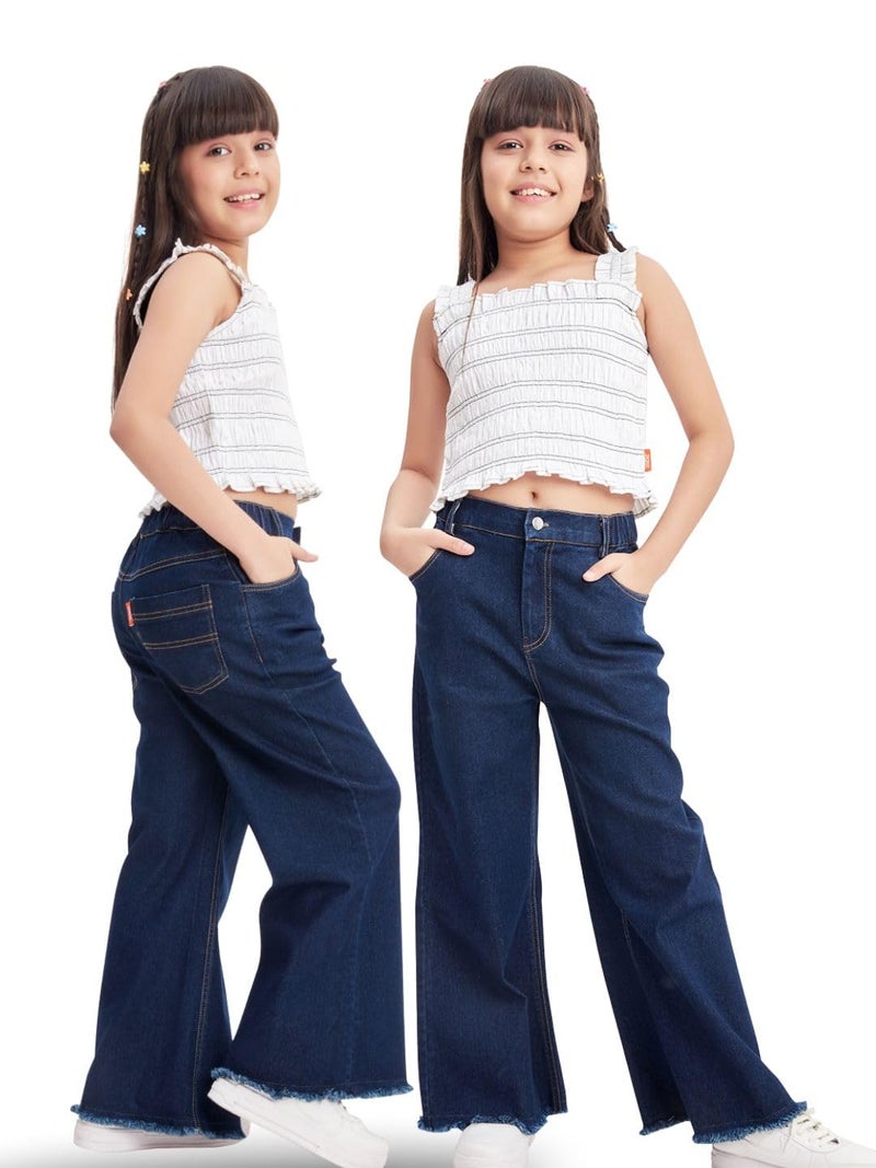 olele® Girls Wide Leg Baggy Jeans - Cotton Denim | Regular Fit Stretchable Denim Jeans Elasticated Waist Pant for 4 to 14 Years Kids | Raw Edge Bottom Hem | Raw Denim Blue - Image 3
