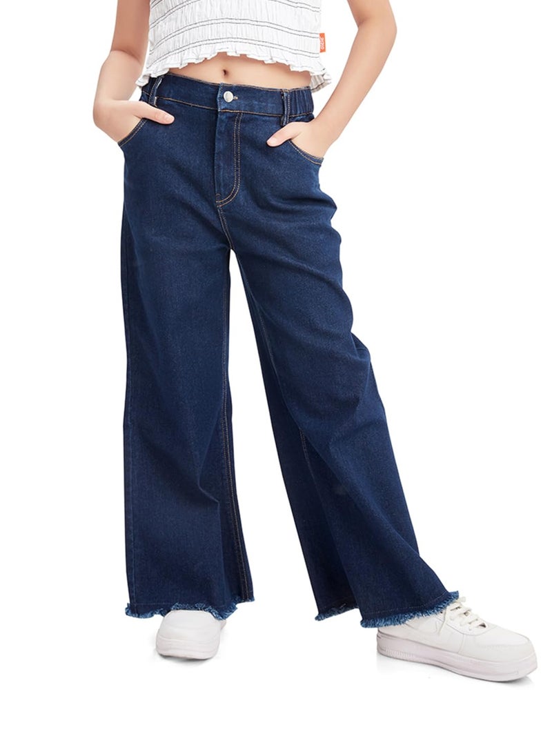 olele® Girls Wide Leg Baggy Jeans - Cotton Denim | Regular Fit Stretchable Denim Jeans Elasticated Waist Pant for 4 to 14 Years Kids | Raw Edge Bottom Hem | Raw Denim Blue - Image 1