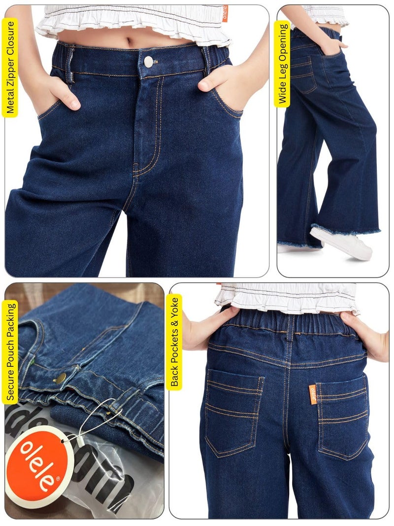 olele® Girls Wide Leg Baggy Jeans - Cotton Denim | Regular Fit Stretchable Denim Jeans Elasticated Waist Pant for 4 to 14 Years Kids | Raw Edge Bottom Hem | Raw Denim Blue - Image 4