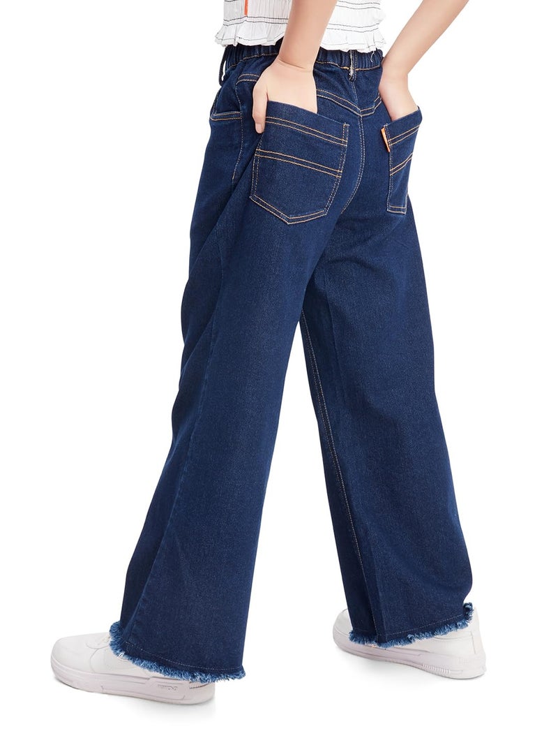 olele® Girls Wide Leg Baggy Jeans - Cotton Denim | Regular Fit Stretchable Denim Jeans Elasticated Waist Pant for 4 to 14 Years Kids | Raw Edge Bottom Hem | Raw Denim Blue - Image 2