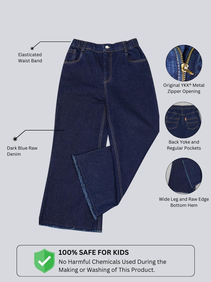 olele® Girls Wide Leg Baggy Jeans - Cotton Denim | Regular Fit Stretchable Denim Jeans Elasticated Waist Pant for 4 to 14 Years Kids | Raw Edge Bottom Hem | Raw Denim Blue - Image 5