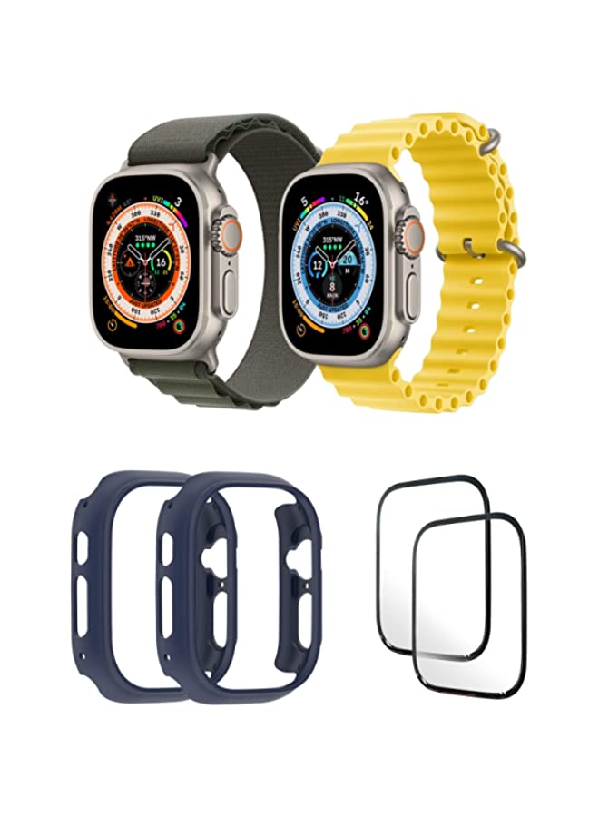 IAF Nylon G-hook Loop Buckle Watch Strap,Silicone Ocean Band Strap for iWatch Ultra 8 49mm Dark Green/Yellow , Case Compatible with iWatch Ultra 49mm Blue/Blue , 2* pcs Watch glass Set of 6