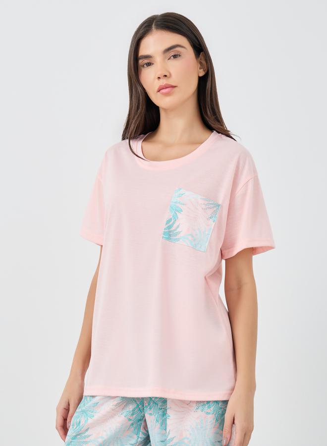 Styli Leafy Palm Print Pocket Detail T-Shirt and Pyjama Set - Image 3
