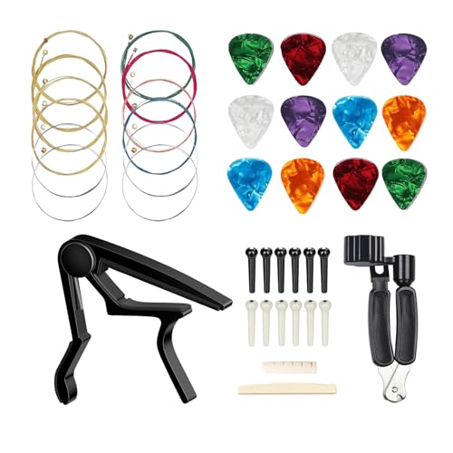 JINWEE Acoustic Guitar Accessories Kit,Guitar Tool Changing Kit Including Acoustic Strings, Picks, Capo, Bridge Pins, Bridge Saddle Nut and 3 in 1 guitar string winder cutter and pin puller. - Image 1