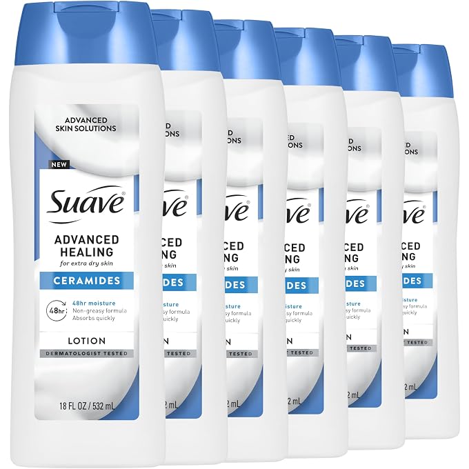Suave + Advanced Healing Hand & Body Lotion for Women With Ceramides for Very Dry Skin, Hydrating, Non-Greasy, Allergen-Free Moisturizing Cream, Lightly Scented, 18 FL OZ, 6 Pack - Image 1