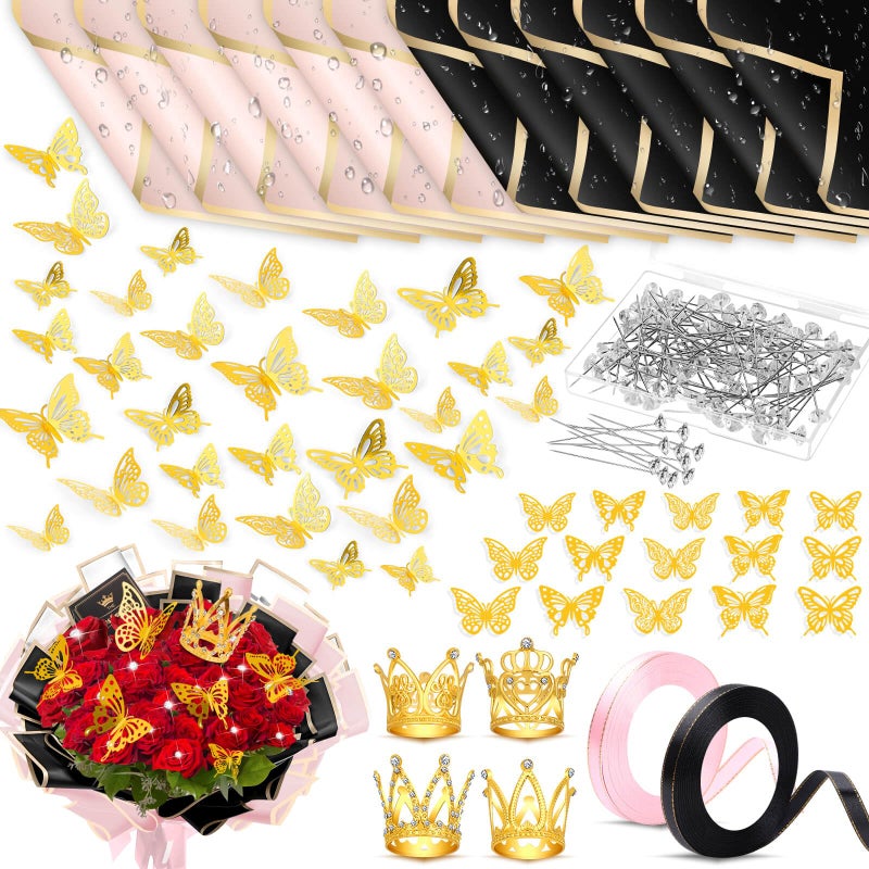 Tetutor 180pcs Waterproof Flower Wrapping Paper Kit, 20 Sheets Floral Wrapping Paper Bouquet With Ribbons Flower Pins 3d Butterflies and Crowns for Florist Wrap Back - Image 1