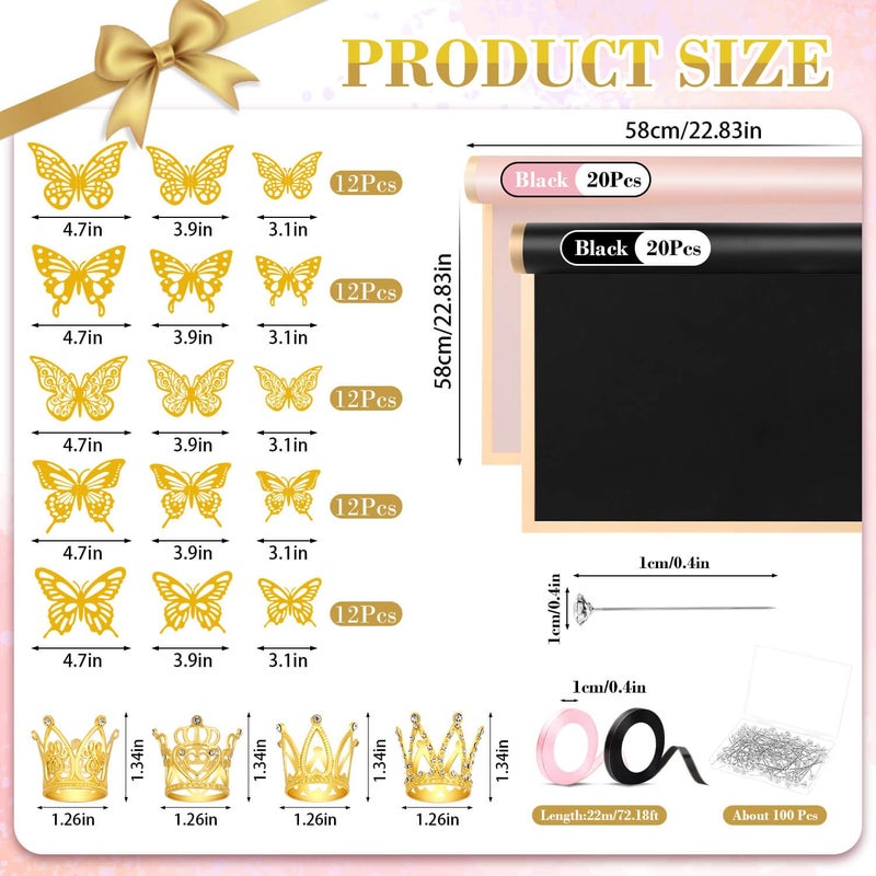 Tetutor 180pcs Waterproof Flower Wrapping Paper Kit, 20 Sheets Floral Wrapping Paper Bouquet With Ribbons Flower Pins 3d Butterflies and Crowns for Florist Wrap Back - Image 3