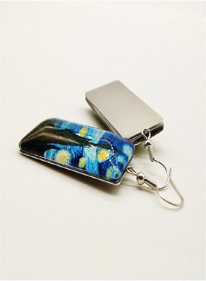 Wixine Wixine 2Pair Rectangle Van Gogh Starry Night Landscape Square Circle Van Gogh Starry Night Silver Trendy Glass Earrings  - Image 2