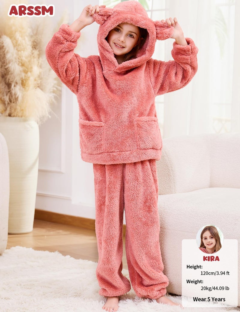 Arssm Girl Pants Sets Two Pieces Outfit Kids Bear Ear Fuzzy Fluffy Hoodie Sweatshirt with Fleece Sweatpants(Pink-4T) - Image 4