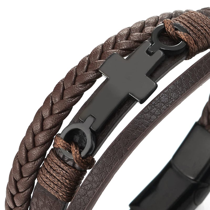 COOLSTEELANDBEYOND Men's Brown Layered Leather Bracelet With Black Cross Bar Centerpiece, Braided and Smooth Strap Design, Black Clasp Wristband, Modern Faith Style Accessory - Image 2
