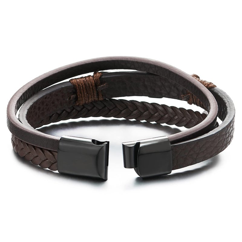 COOLSTEELANDBEYOND Men's Brown Layered Leather Bracelet With Black Cross Bar Centerpiece, Braided and Smooth Strap Design, Black Clasp Wristband, Modern Faith Style Accessory - Image 3