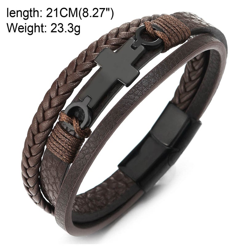 COOLSTEELANDBEYOND Men's Brown Layered Leather Bracelet With Black Cross Bar Centerpiece, Braided and Smooth Strap Design, Black Clasp Wristband, Modern Faith Style Accessory - Image 4