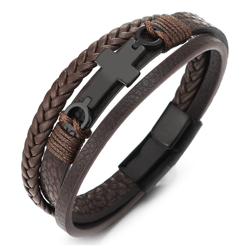 COOLSTEELANDBEYOND Men's Brown Layered Leather Bracelet With Black Cross Bar Centerpiece, Braided and Smooth Strap Design, Black Clasp Wristband, Modern Faith Style Accessory - Image 1