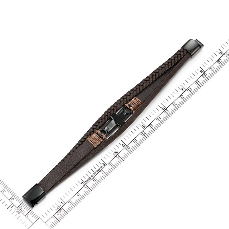 COOLSTEELANDBEYOND Men's Brown Layered Leather Bracelet With Black Cross Bar Centerpiece, Braided and Smooth Strap Design, Black Clasp Wristband, Modern Faith Style Accessory - Image 5