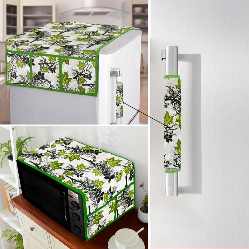 E-Retailer® Exclusive 3-Layered Polyester Combo Set of Appliances Cover (1 Pc. of Fridge Top Cover, 1 Pc Handle Cover and 1 Pc. of Microwave Oven Top Cover) (Color-Green, Design-Floral, Set Contains-3 Pcs.) - Image 3