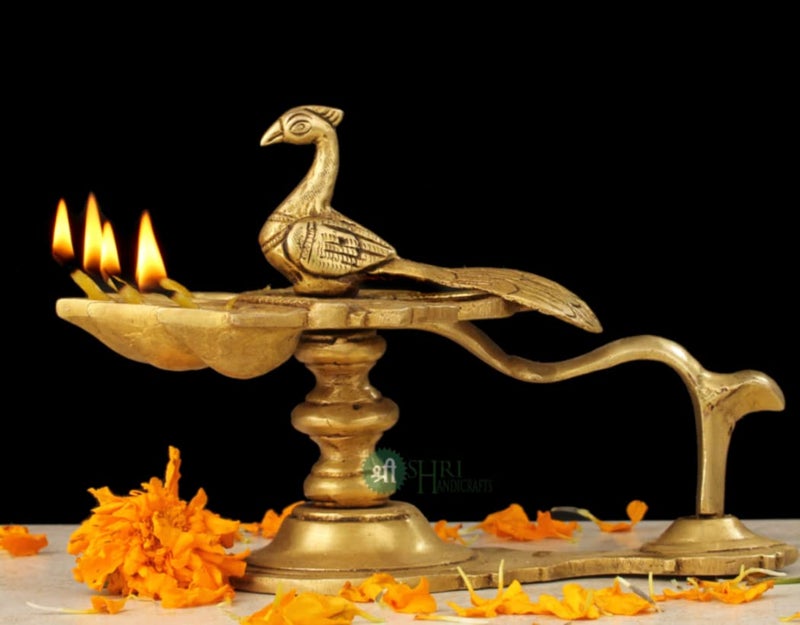 INDICAST Brass Puja Panch Aarti Oil Lamp 5 DeepakDiya with Bird Design and Handle for Temple 19x15x13 cm - Image 1
