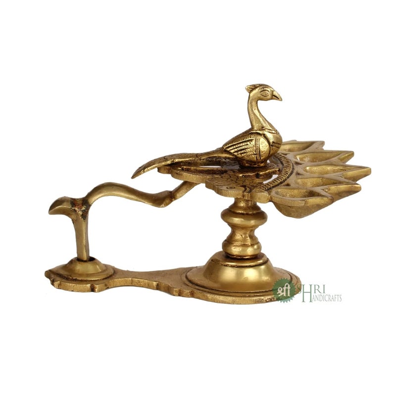 INDICAST Brass Puja Panch Aarti Oil Lamp 5 DeepakDiya with Bird Design and Handle for Temple 19x15x13 cm - Image 5