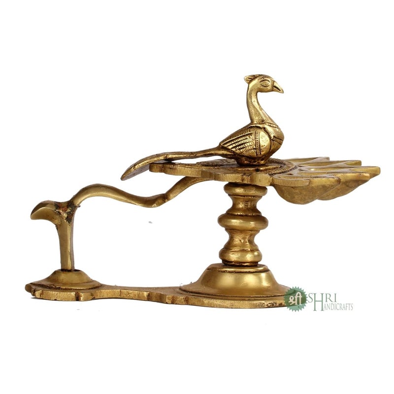 INDICAST Brass Puja Panch Aarti Oil Lamp 5 DeepakDiya with Bird Design and Handle for Temple 19x15x13 cm - Image 4