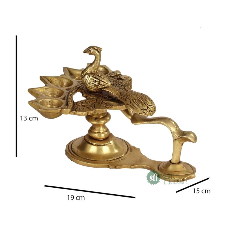 INDICAST Brass Puja Panch Aarti Oil Lamp 5 DeepakDiya with Bird Design and Handle for Temple 19x15x13 cm - Image 2