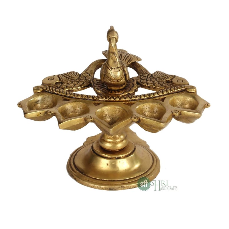 INDICAST Brass Puja Panch Aarti Oil Lamp 5 DeepakDiya with Bird Design and Handle for Temple 19x15x13 cm - Image 3