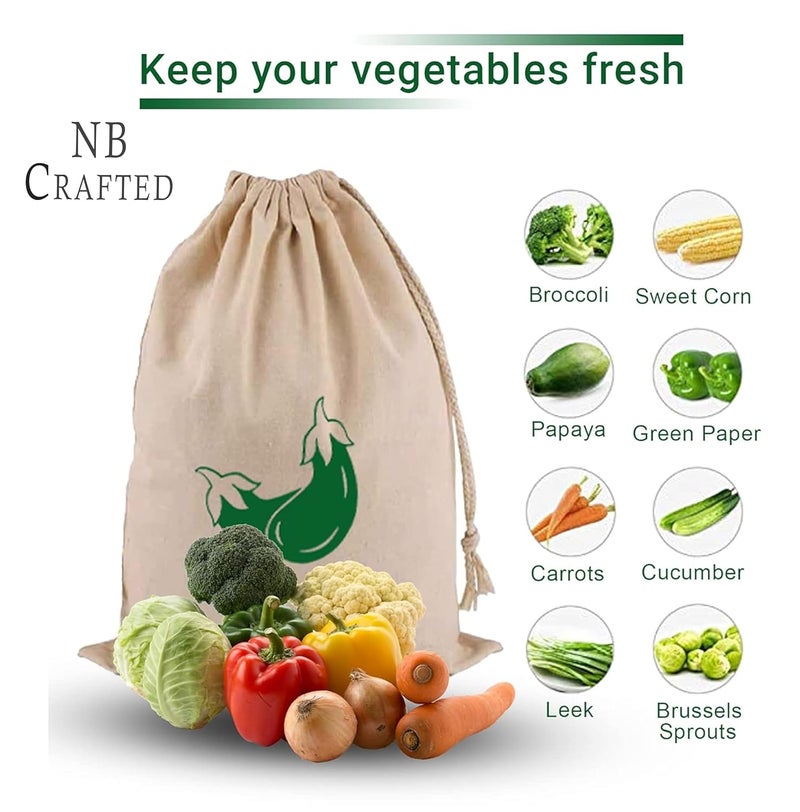 NB Crafted Cotton Bags for Vegetable Storage Fruits Pouch Fridge Produce bags Clothe Muslin Reusable Washable with Drawstrings Size 35 x 27 cm Pack of 12 - Image 2