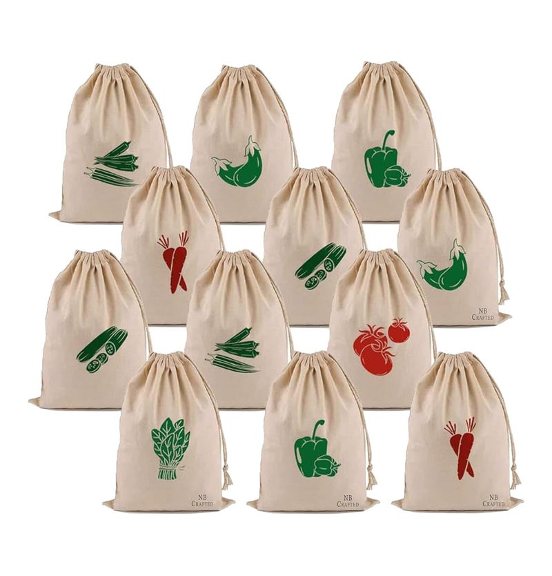 NB Crafted Cotton Bags for Vegetable Storage Fruits Pouch Fridge Produce bags Clothe Muslin Reusable Washable with Drawstrings Size 35 x 27 cm Pack of 12 - Image 1