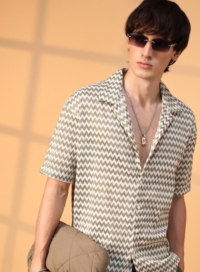 Campus Sutra Men's Olive Green & Powder White Chevron-Striped Oversized Shirt  - Image 1