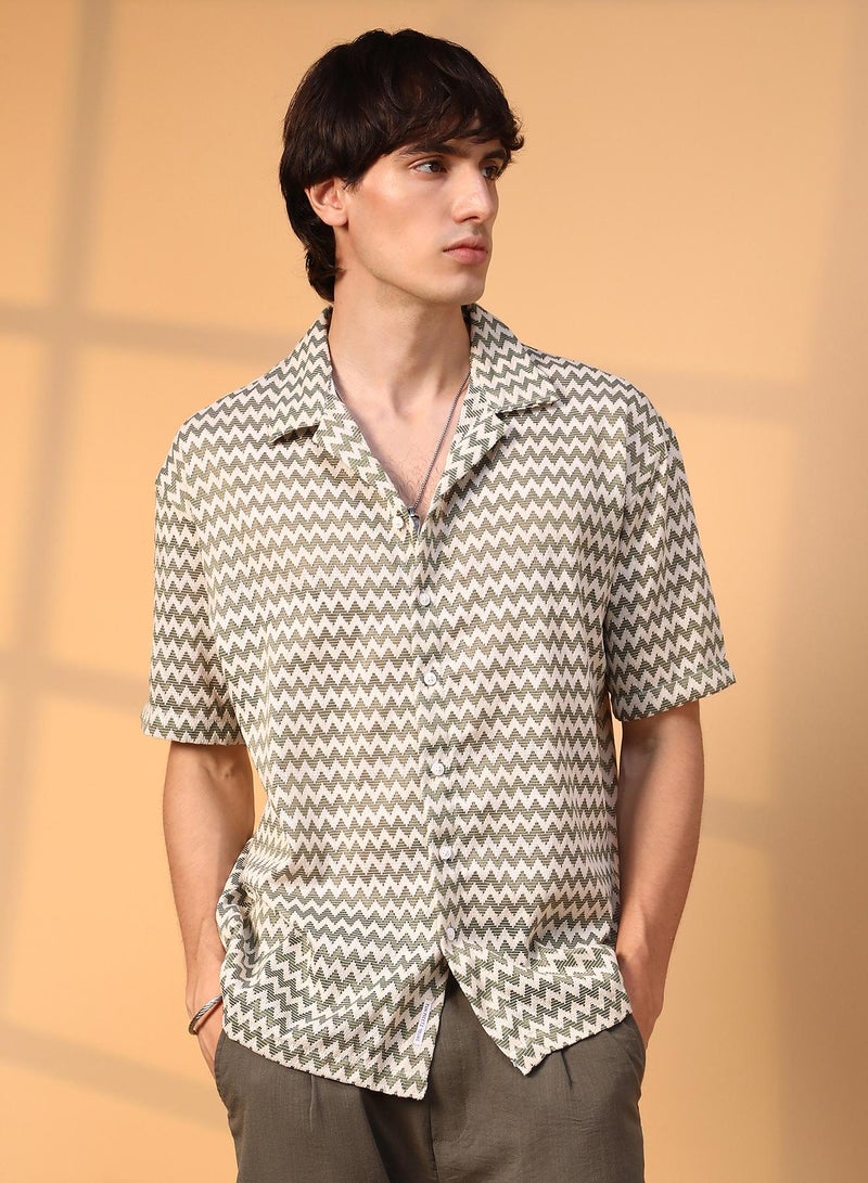 Campus Sutra Men's Olive Green & Powder White Chevron-Striped Oversized Shirt  - Image 2